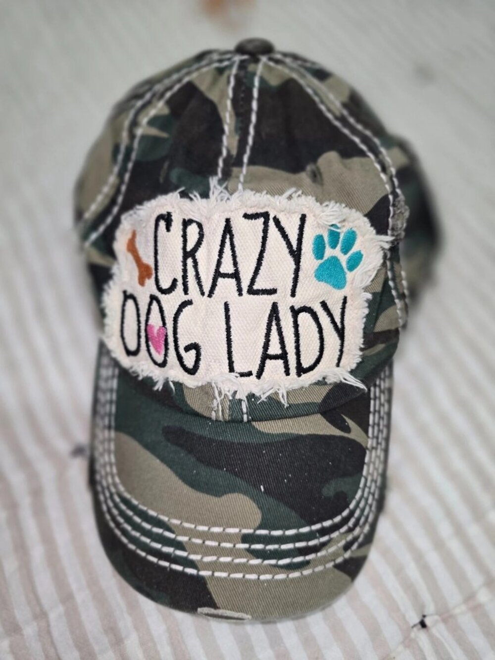 Crazy Dog Lady Distressed Baseball Cap Adjustable Strap Camo